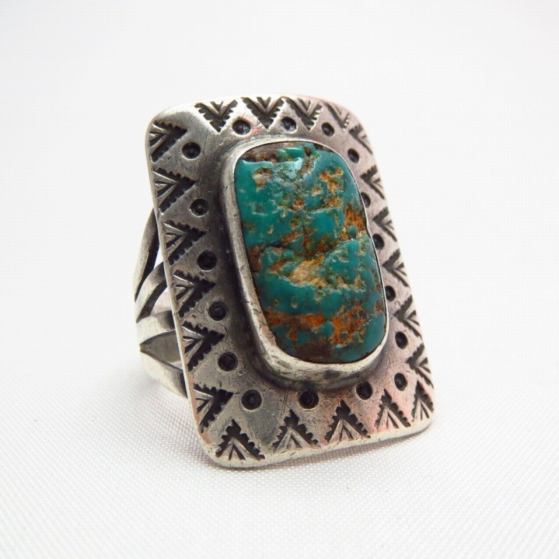 Antique Square Concho Ring w/Turquoise  c.1920～