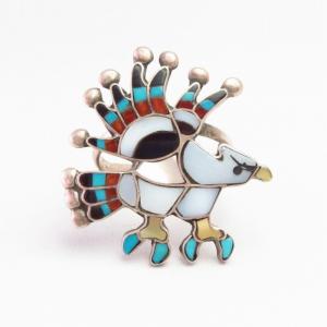 【Charlotte Dishta】 Zuni Multi-Stone Inlay Eagle Silver Ring