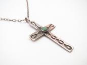 Vtg Silver Small Cross w/Green Turquois Fob Necklace c.1940～