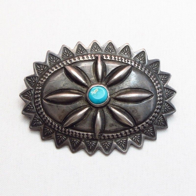 INDIAN JEWELRY LEATHER ARTSCRAFTS Tah'bah TRADERS / Antique Navajo  Repoused Silver Concho Pin w/Turquoise c.1930
