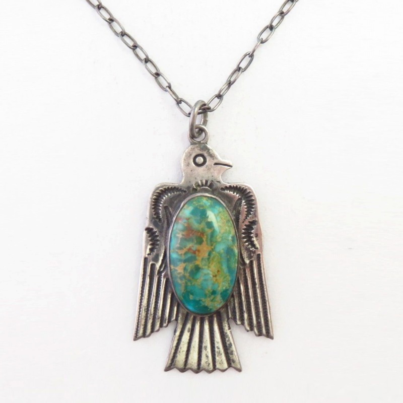Atq T-bird Shape Fob w/Gem Green Turquoise Necklace  c.1930～
