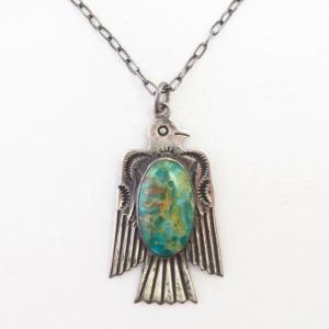 Atq T-bird Shape Fob w/Gem Green Turquoise Necklace  c.1930～