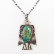 Atq T-bird Shape Fob w/Gem Green Turquoise Necklace  c.1930～