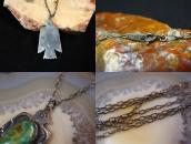 Atq T-bird Shape Fob w/Gem Green Turquoise Necklace  c.1930～