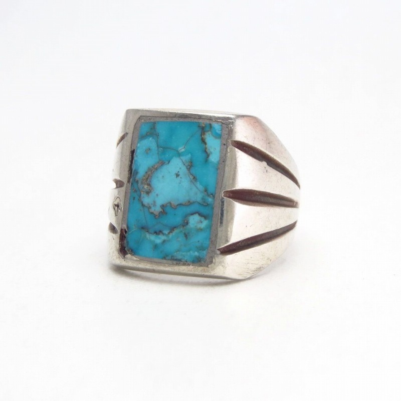 Vintage Navajo Cast Silver Men's Ring w/Turquoise  c.1965～
