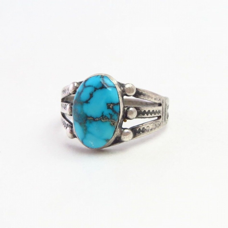 Atq Snake Stamped Silver Ring w/Replaced Turquoise  c.1930～