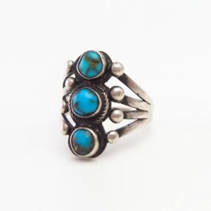 Atq Navajo Three Gem Quality Turquoise Row Ring  c.1930～