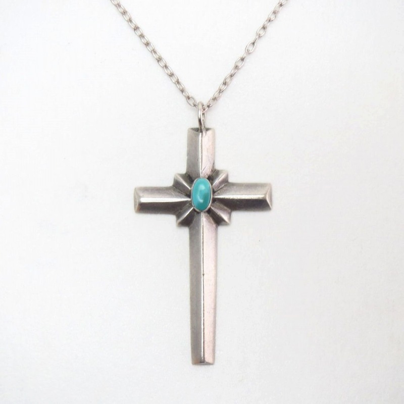 Vintage Navajo Casted Silver Cross Fob w/TQ Necklace c.1955～
