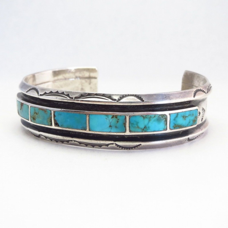 Vintage Zuni or Navajo Turquoise Inlay Silver Cuff  c.1945～