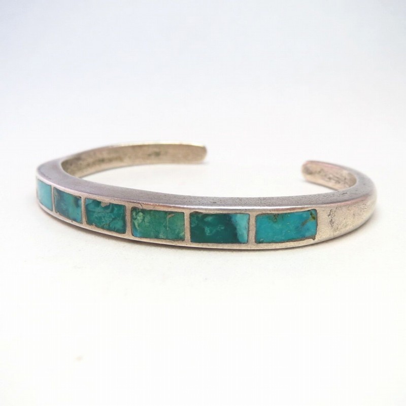 Vtg Zuni Green Turquoise Inlay Narrow Cuff Bracelet  c.1960