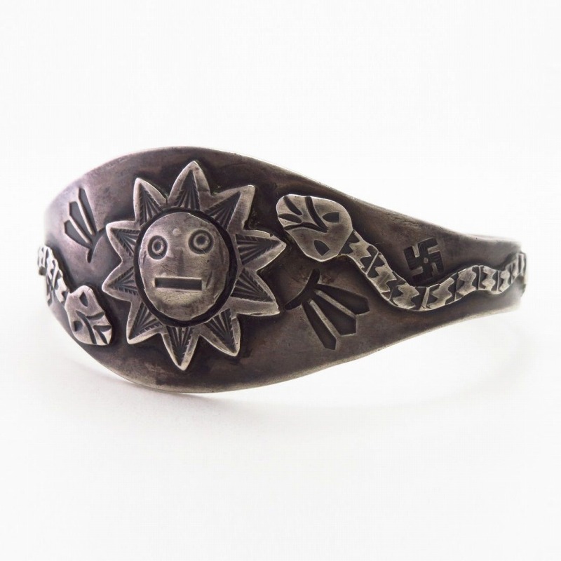 Atq SunFace & Snake Applique 卍 Stamed Silver Cuff c.1920～