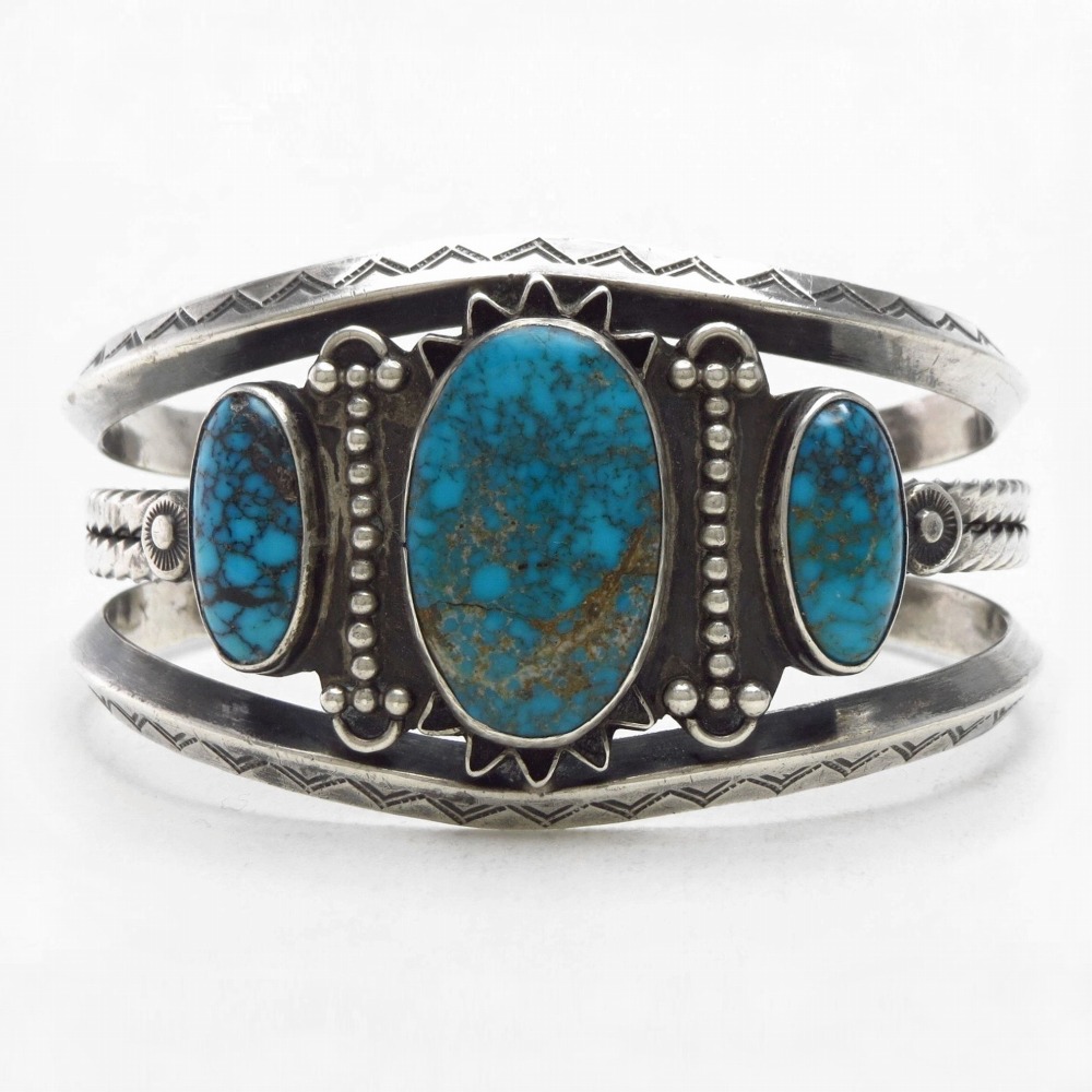 Atq Navajo Heavy Silver Cuff w/Gem Burnham Turquoise c.1935～