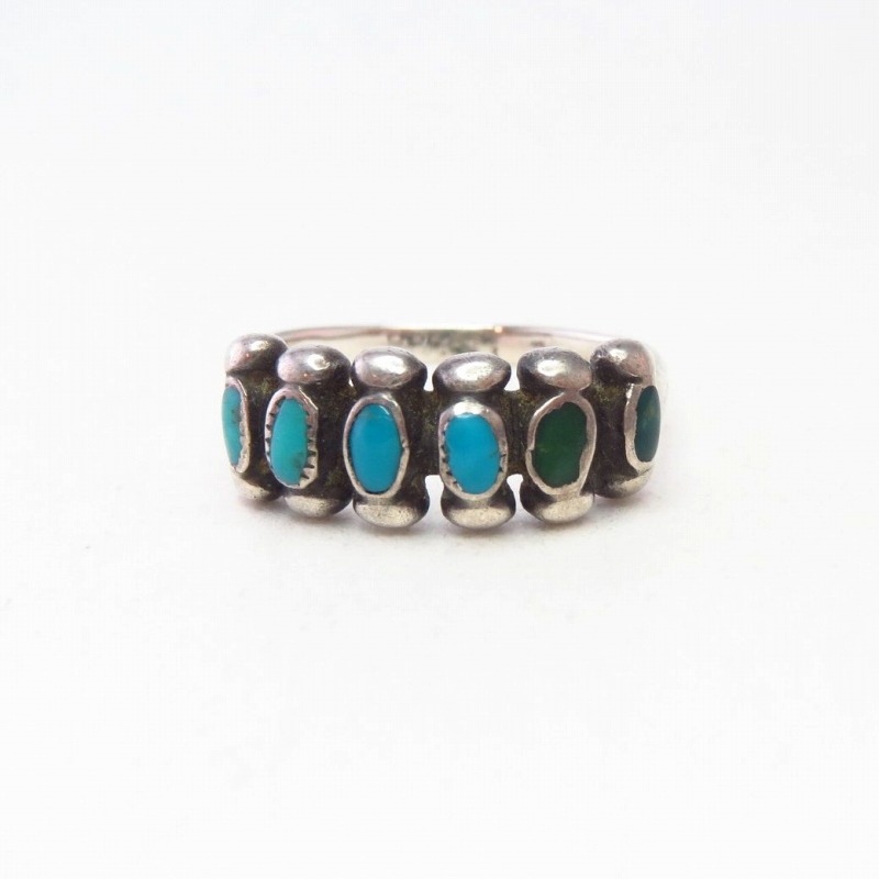 Vinatge Zuni Turquoise & Silver Drops Row Worn Ring  c.1955～