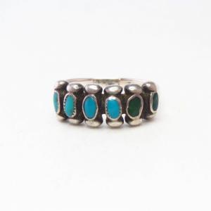 Vinatge Zuni Turquoise & Silver Drops Row Worn Ring  c.1955～
