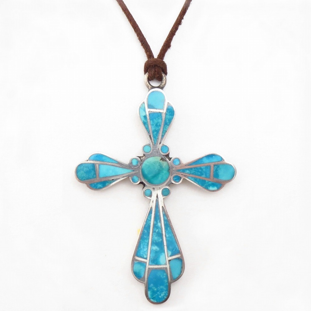 Vintag Zuni Gem Fox Turquoise Inlay Cross Pendant  c.1950～