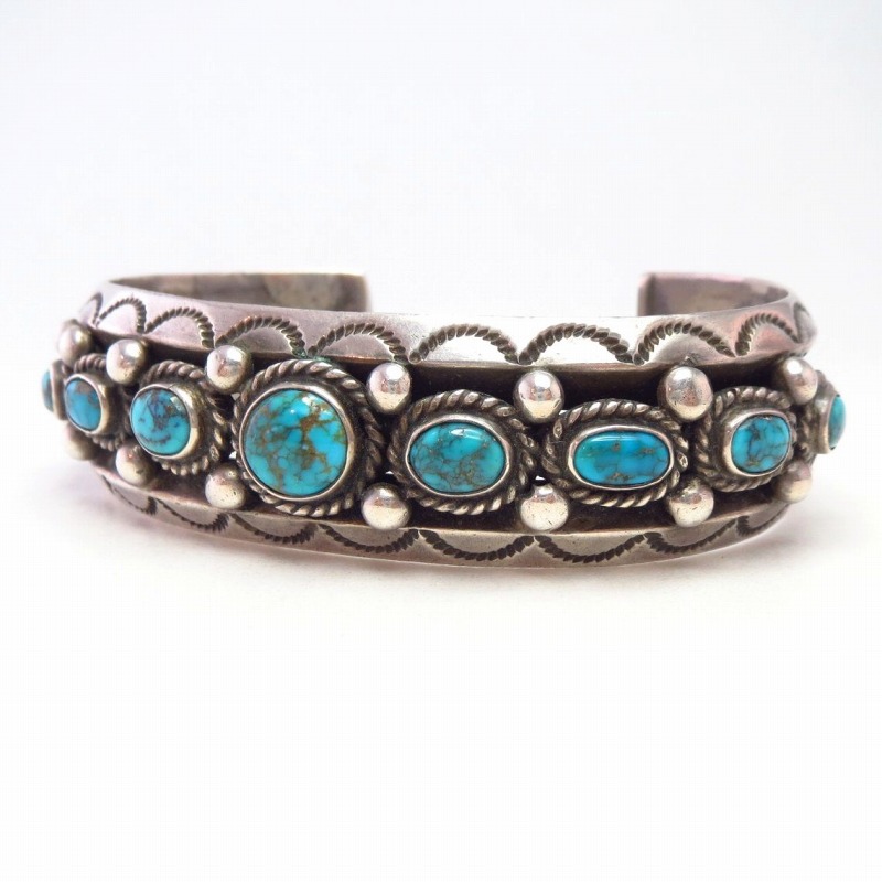 Vintage Navajo High Grade Lone Mt. Turquoise Row Cuff c.1950