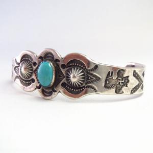 Atq 卍 Thunderbird Stamped Silver Cuff Bracelet w/TQ  c.1920～