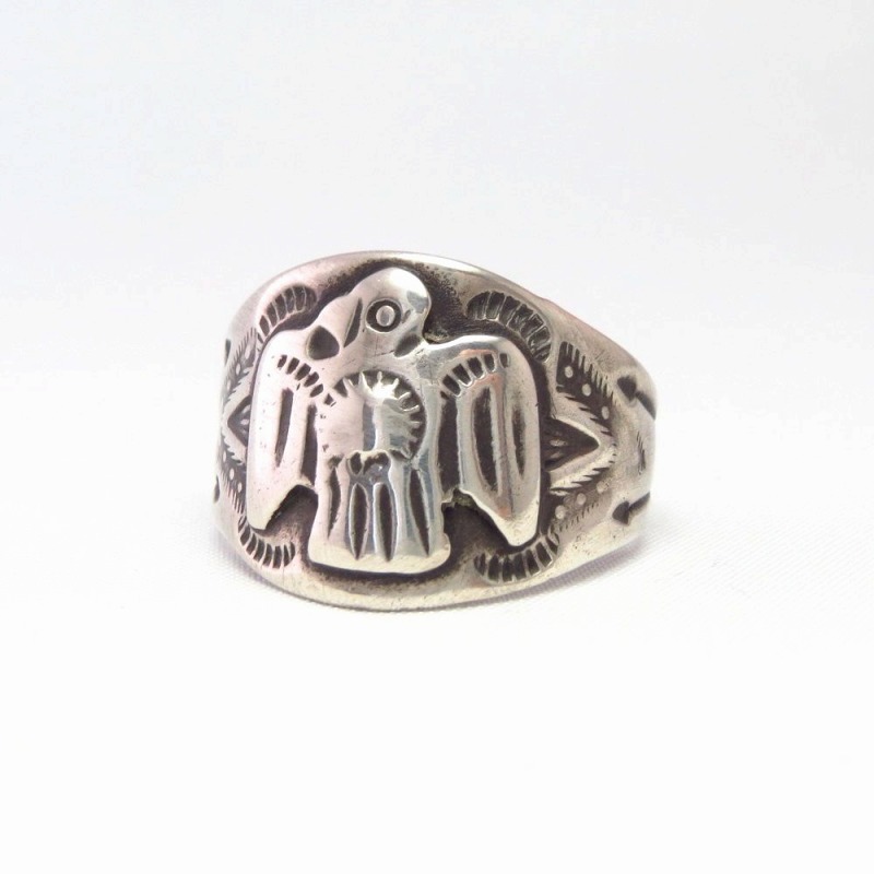 Atq Thunderbird Applique Worn Silver Cigar Band Ring c.1920～