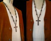 Vintage Handmade Beaded Necklace w/Heavy Silver Cross c.1950