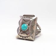 Antique Navajo Stamped Silver Pill Box Ring w/TQ  c.1930