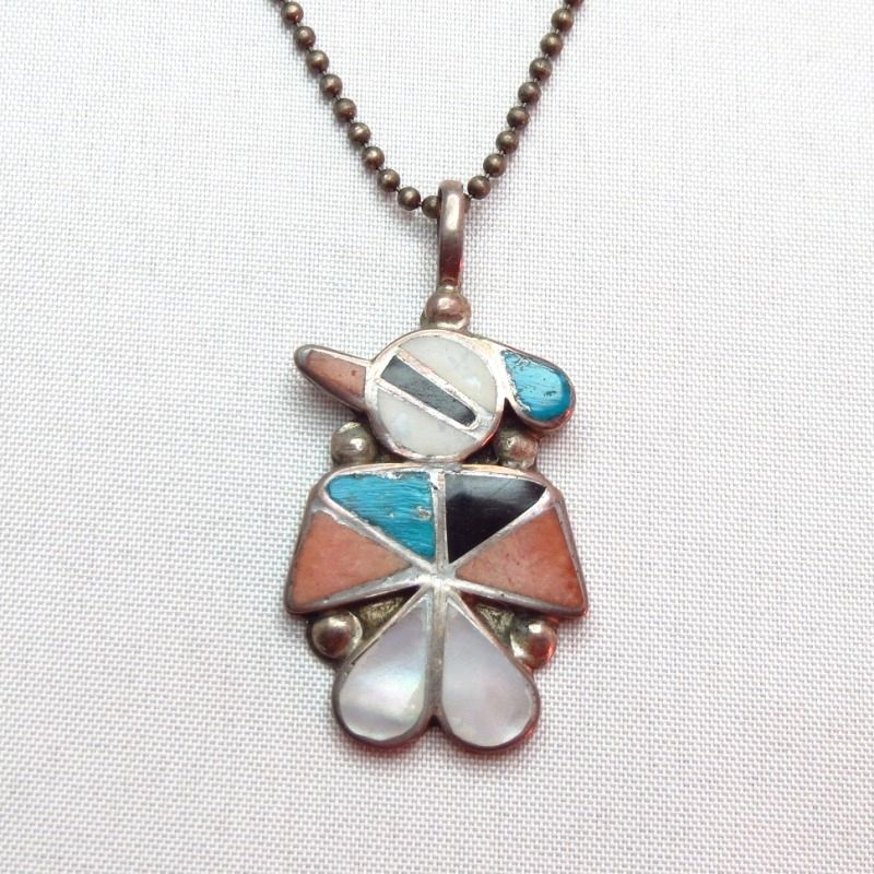 Vintage Zuni Inlay Thunderbird Fob Necklace  c.1970
