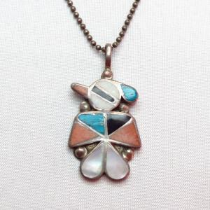 Vintage Zuni Inlay Thunderbird Fob Necklace  c.1970
