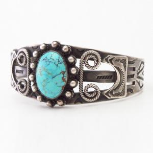 Atq Navajo 卍 T-bird Stamped Silver Cuff w/Turquoise  c.1930