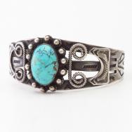 Atq Navajo 卍 T-bird Stamped Silver Cuff w/Turquoise  c.1930