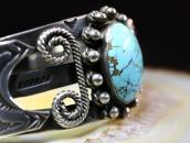 Atq Navajo 卍 T-bird Stamped Silver Cuff w/Turquoise  c.1930