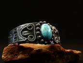 Atq Navajo 卍 T-bird Stamped Silver Cuff w/Turquoise  c.1930