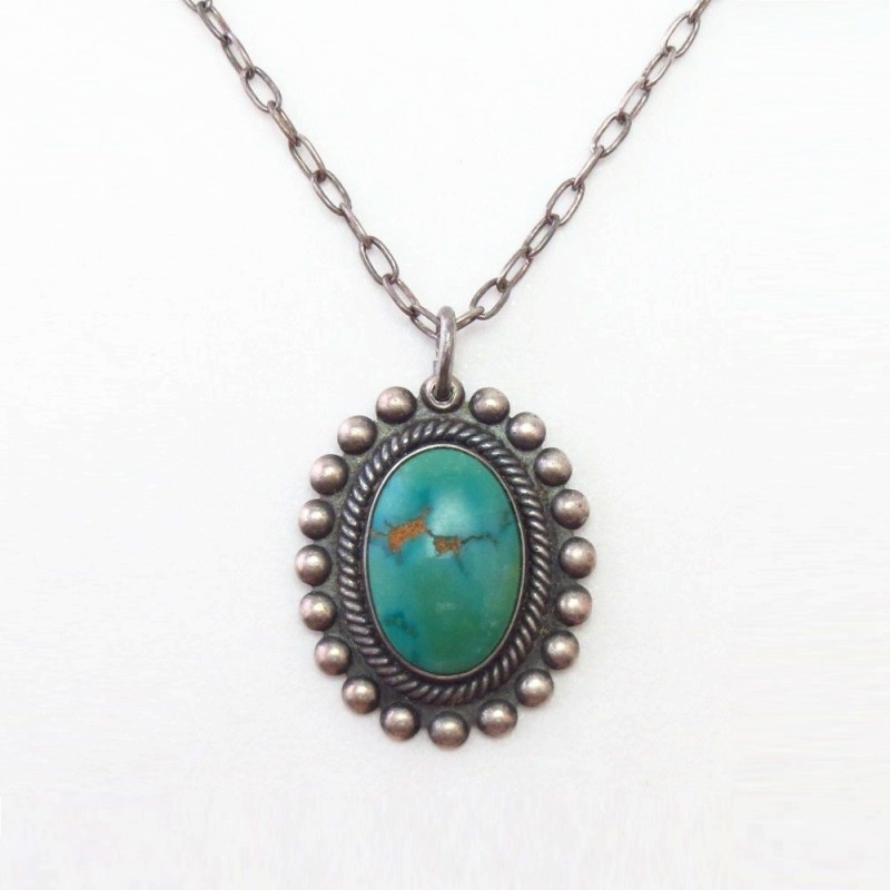 Vintage Green Turquoise Fob Silver Necklace  c.1945～