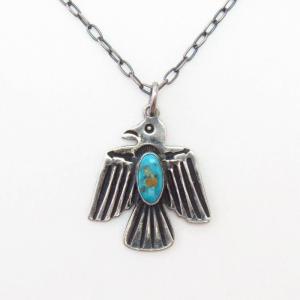Vtg Arrows Stamped Thunderbird Fob Necklace w/Gem TQ c.1940～