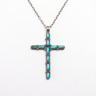 Vtg Zuni Needle Point Turquoise Cross Fob Necklace  c.1960～