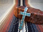 Vintage Zuni Chip Inlay Silver Cross Fob Necklace  c.1960～