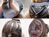 Antique 卍 Stamped Wide Cuff Bracelet w/PetrifiedWood c.1920～