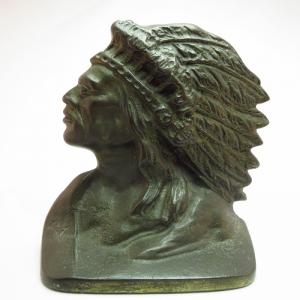 Antique Indian Head Chief Metal Bookend  1925