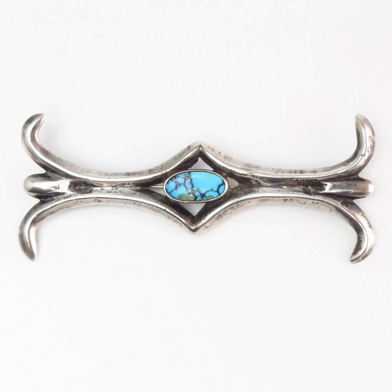 Vtg Casted Silver Pin Brooch w/Number Eight Turquoise c.1950