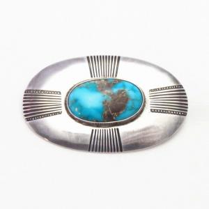 Vtg Navajo Cross Stamped Silver Pin w/Gem Turquoise  c.1940～