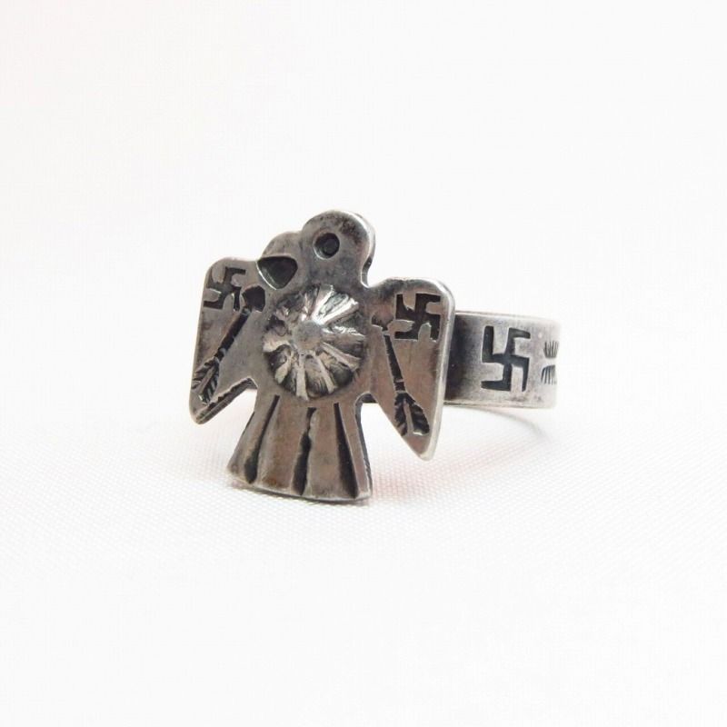 Antique 卍 Stamped Thunderbird Shape Silver Ring  c.1925～