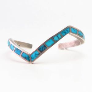 Vintage Zuni #8 Turquoise Inlay Silver Zig Zag Cuff  c.1960