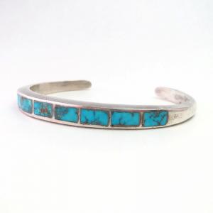 Vintage Zuni Gem Turquoise Inlay Narrow Cuff Bracelet c.1960