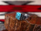 Vtg Navajo Square Turquoise Inlay Men's Silver Ring  c.1950～