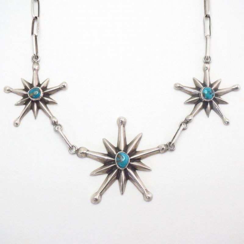 Vintage Navajo Three Cast Star Necklace w/Turquoise  c.1950