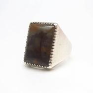 Vtg Navajo Cast Silver Men's Ring w/Sq.PetrifiedWood c.1955～
