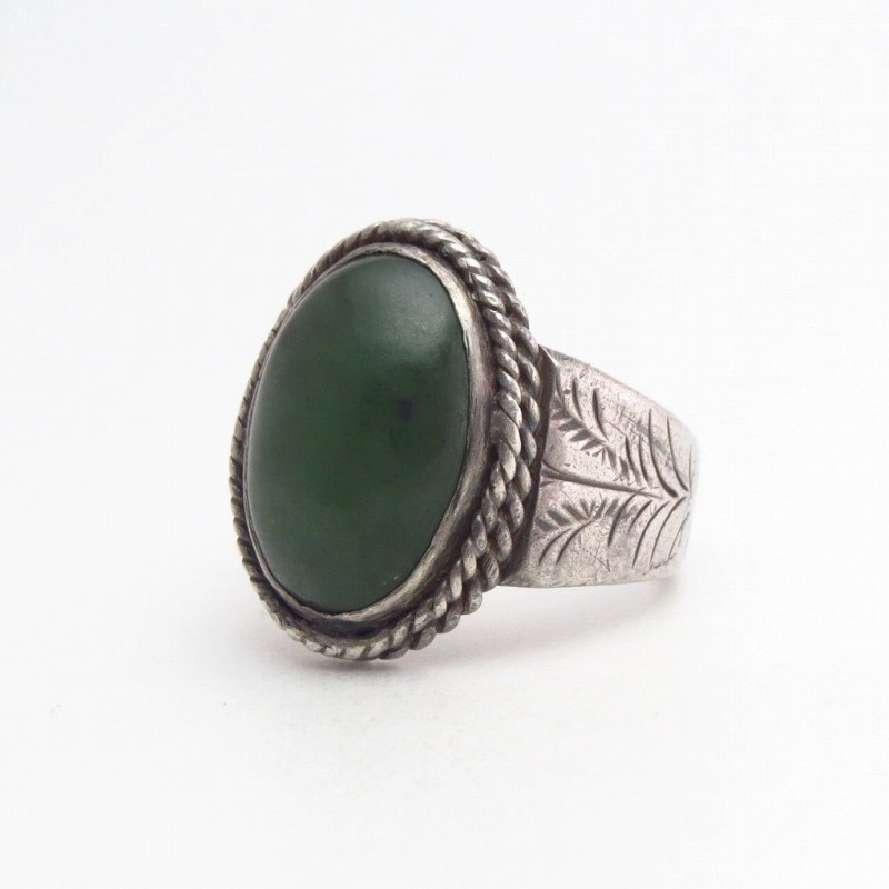 Atq Navajo Stamped Heavy Silver Ring w/Green Jasper  c.1940
