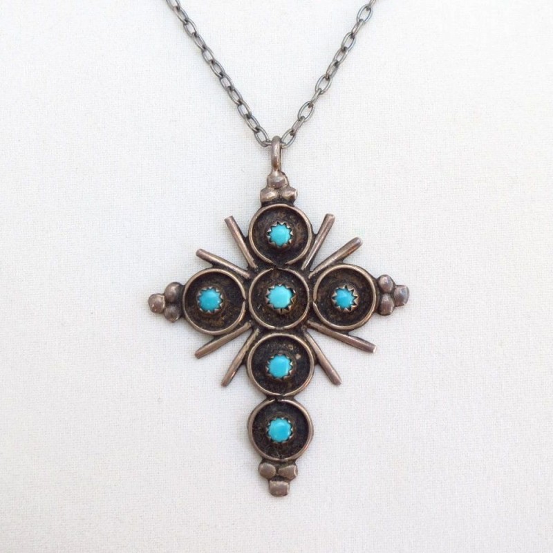Vintage Zuni Sunburst Cross w/Turquoise Fob Necklace c.1960～