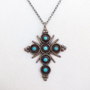 Vintage Zuni Sunburst Cross w/Turquoise Fob Necklace c.1960～