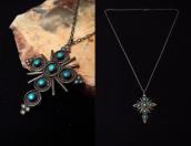 Vintage Zuni Sunburst Cross w/Turquoise Fob Necklace c.1960～