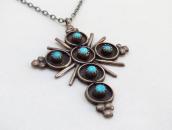 Vintage Zuni Sunburst Cross w/Turquoise Fob Necklace c.1960～