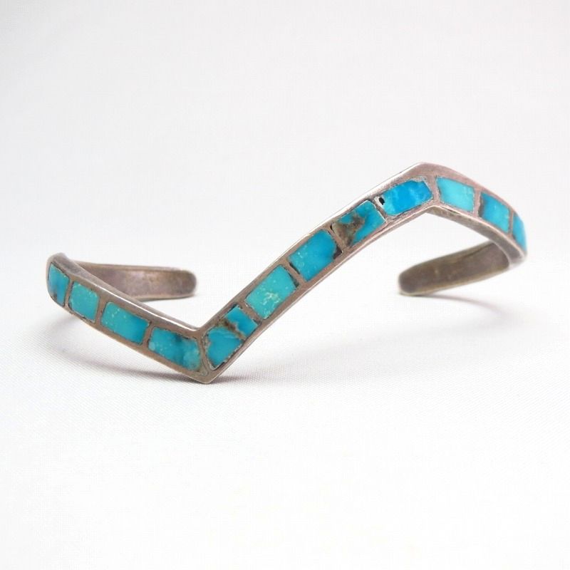 Vintage Zuni TQ Inlay Silver Zig Zag Cuff Bracelet  c.1950 1